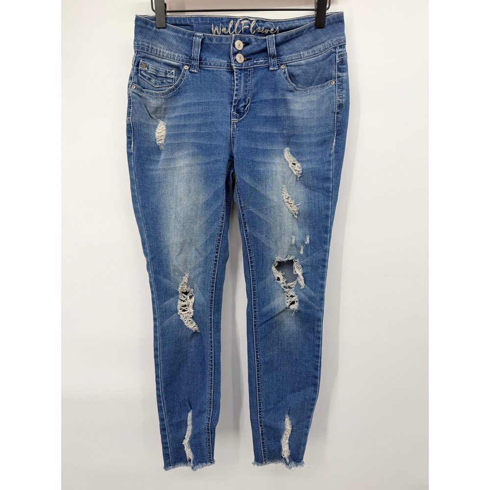WallFlower Skinny Jeans Women 5 Blue Distressed Ripped Frayed Hem Medium Wash